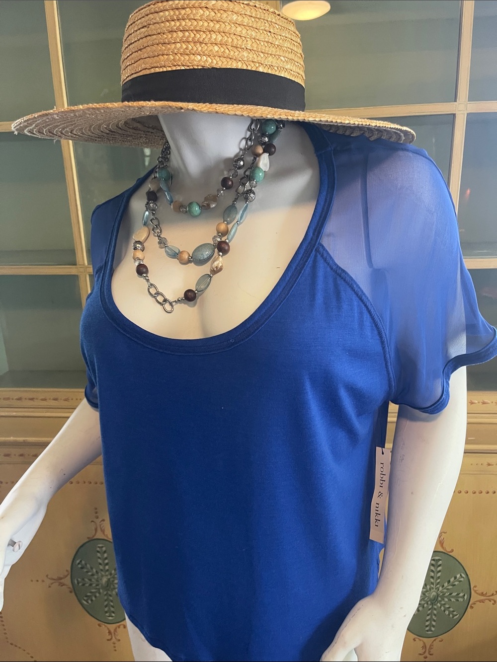 ROBBI & NIKKI NWT GORGEOUS Royal Blue  Sheer sleeves Scoop Neck Top